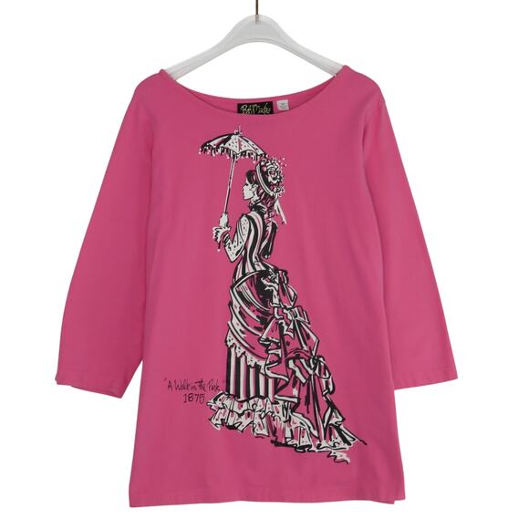 1980s Vintage Bob Mackie A Walk In The Park Pink Graphic Shirt Medium - Picture 7 of 7